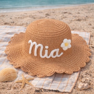 Custom Name Sun Hat for kids, Personalized Embroidered Straw Hat with Flower, Cute Toddler Name Hat Gift for girls