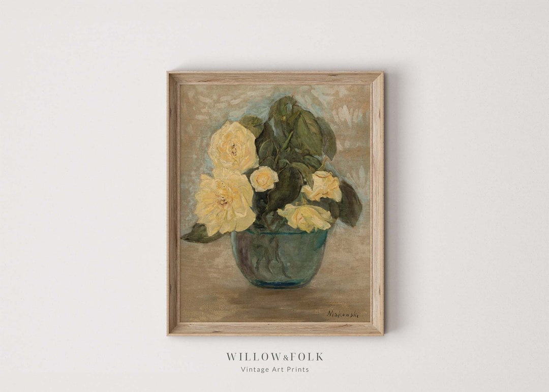 Still Life Yellow Roses Art Print | Vintage Print | Cottage Farmhouse ...