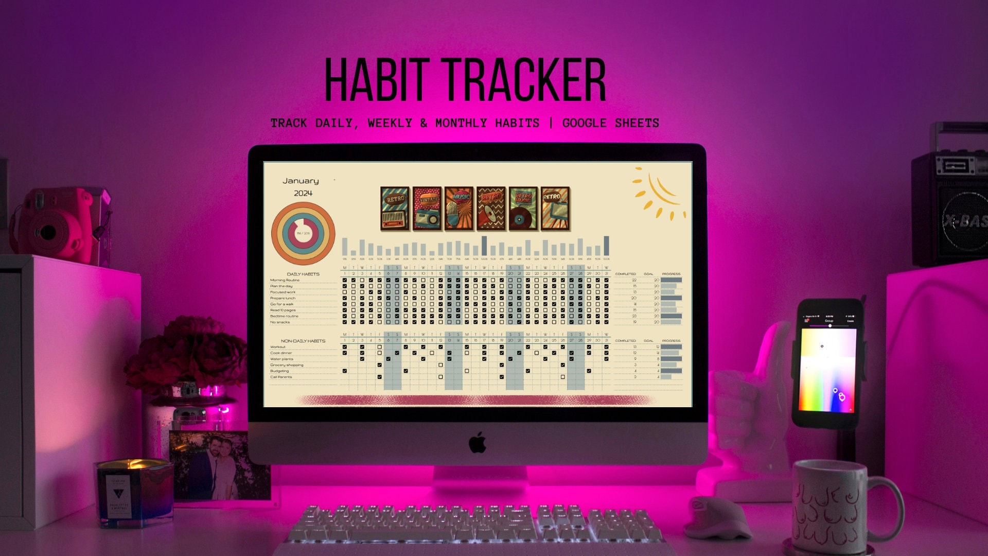 Retro Habit Tracker Spreadsheet | Google Sheets - Etsy