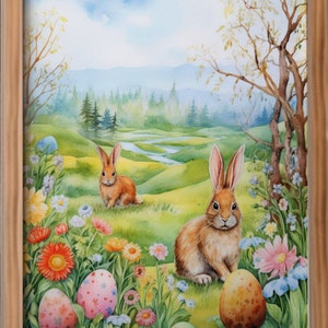 Vintage Easter Watercolor Prints, Easter Themed Wall Art, Easter Bunny Images, Easter Bunnies and Eggs Wall Art Digital Download, Watercolor