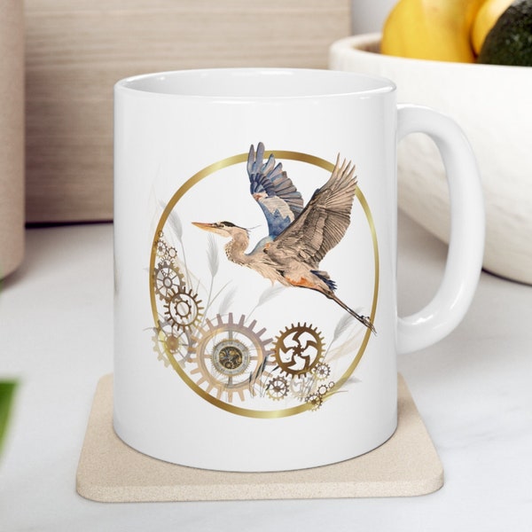 Steampunk Heron with Gears and Clockwork 11 oz Mug, Cute Mug Gift Idea, Gift for Women, Gift for Men, Wildlife Nature Nature Mug