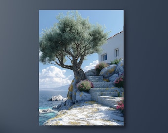Greek Landscape Digital Print - Olive Tree by Aegean Sea - Serene Mediterranean Scenery - Printable Greek Island Wall Art