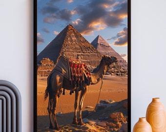 Egyptian Pyramids Digital Print, Camel in Giza Sunset Wall Art, Iconic Desert Landscape Printable Historic Travel Art, Ancient Egypt Decor