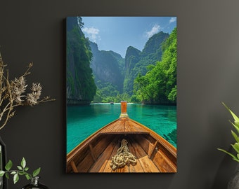 Impression numérique de bateau thaïlandais longtail - paysage calcaire tranquille - art mural paradis tropical - photographies de voyage haute résolution à télécharger