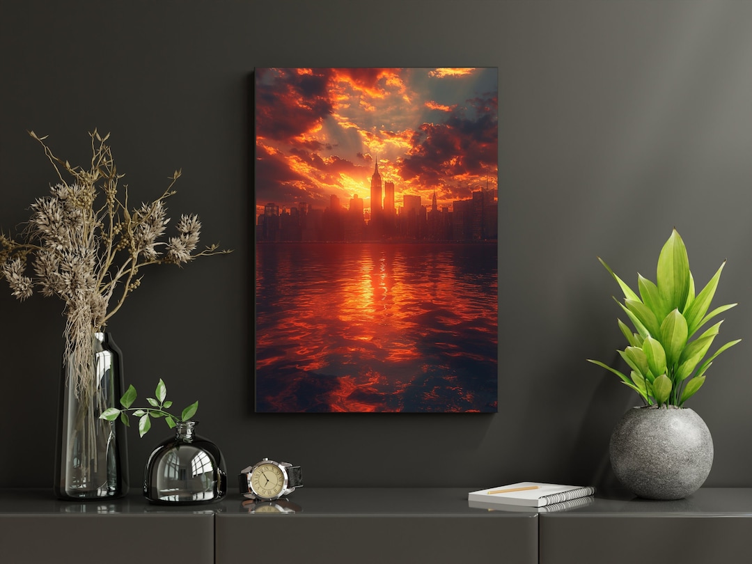 Sunset Over New York City Poster, Skyline Reflection Wall Art, Vibrant ...