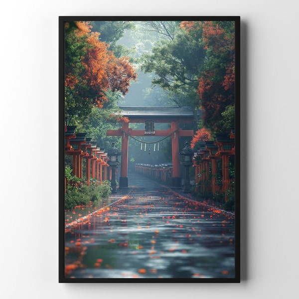 Mystical Torii Gates in Rain Digital Print - Reflective Path with Autumn Leaves - Japanese Shinto Shrine - Printable Spiritual Art