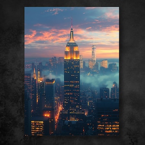 Skyline de la ciudad de Nueva York al atardecer Impresión digital - Empire State Building y luces de la ciudad - Paisaje urbano - Arte del paisaje urbano imprimible