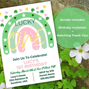 Pacote de Aniversário Lucky One! Convite para Festa de Aniversário Infantil Editável com Tema Lucky Charm e Modelo de Cartão de Agradecimento para Primeiro Aniversário de 1 Ano