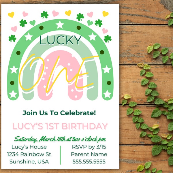 Lucky One! Editable, Shamrock-Theme Child Birthday Party Invitation Template (Age 1 - First Birthday)