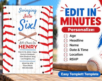 Puede incluir: Una plantilla de invitación de cumpleaños con temática de béisbol, con costuras rojas sobre fondo blanco, dos bates de madera cruzados y el texto Swinging Into Six! Let's Cheer On HENRY. Incluye marcadores de posición para detalles del evento.