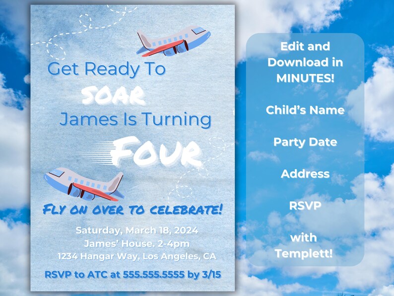 Get Ready to Soar Birthday Invitation Editable Plane Theme Child Party