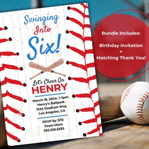 Swinging Into Six-verjaardagsbundel! Bewerkbare uitnodiging voor kinderverjaardagsfeestje met honkbalthema en bedankkaartsjabloon Alle leeftijden!