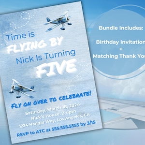 Pack anniversaire le temps passe vite ! Modèle de carte d'invitation et de carte de remerciement pour enfant, thème avion, 5 ans et cinquième anniversaire