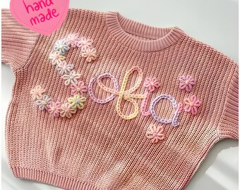 Personalized Hand embroidered Name Baby Flower Sweater,Custom Baby Name Sweater,Pink Baby Girls Sweater With Name, Gift For Baby Girls Boy