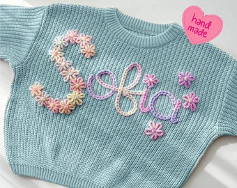 Pull personnalisé avec nom de bébé brodé à la main, pull personnalisé avec nom de bébé, pull rose pour bébé fille avec nom, cadeau pour bébé fille garçon