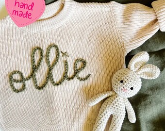 Custom Baby Girl's Sweater Featuring Hand-Embroidered Name and Monogram - A Heartfelt Gift from Aunt