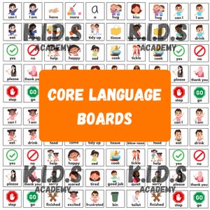 Pode incluir: Um conjunto de Core Language Boards com várias palavras e frases ilustradas. Os quadros apresentam imagens e texto como "can I", "eat", "happy", "yes" e "go". As palavras estão em inglês. A imagem tem o texto "KIDS ACADEMY".