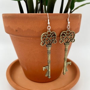 Key Bottle Opener Earrings / Functional Novelty Jewelry / Rustic Bronze Dangle Earrings