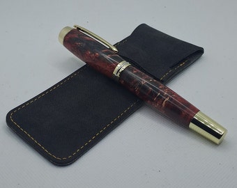 Handmade Stabilized Red and Black Maple Burl Executive Pen Gift Set PU Leather Case, Ink Refill, Wood pen, gift for men, Fathers day gift.