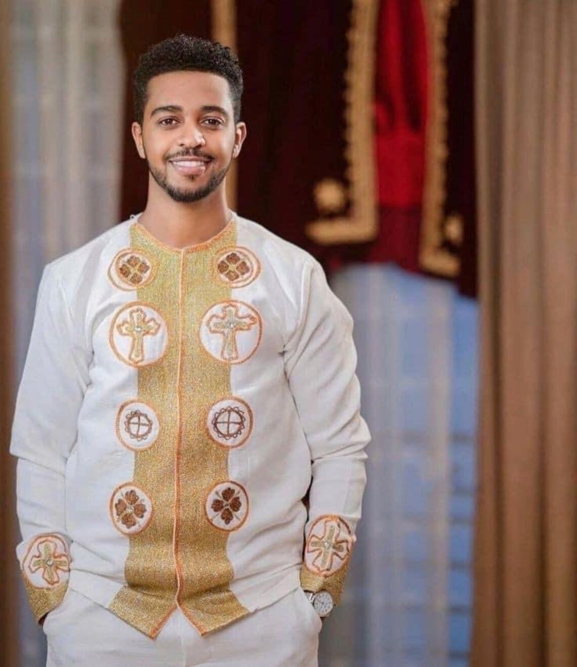 Mens White Habesha Dress Full Set including Shoes and Stick main image 1
