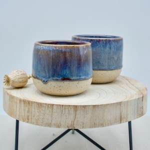 Op de afbeelding: Twee keramische bekers met een blauw-bruin glazuur, op een kleine houten standaard met zwarte metalen poten. De bekers hebben een gespikkelde, beige basis. Een gedroogde zaaddoos ligt op de standaard.