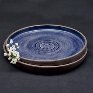 Blue pottery plate, Modern handmade black stoneware plate, Minimalistic ceramic dinnerware set
