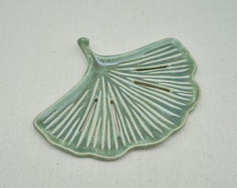 Handmade ceramic soap dish, Green ginkgo leaf soap holder, Pottery bathroom accessory