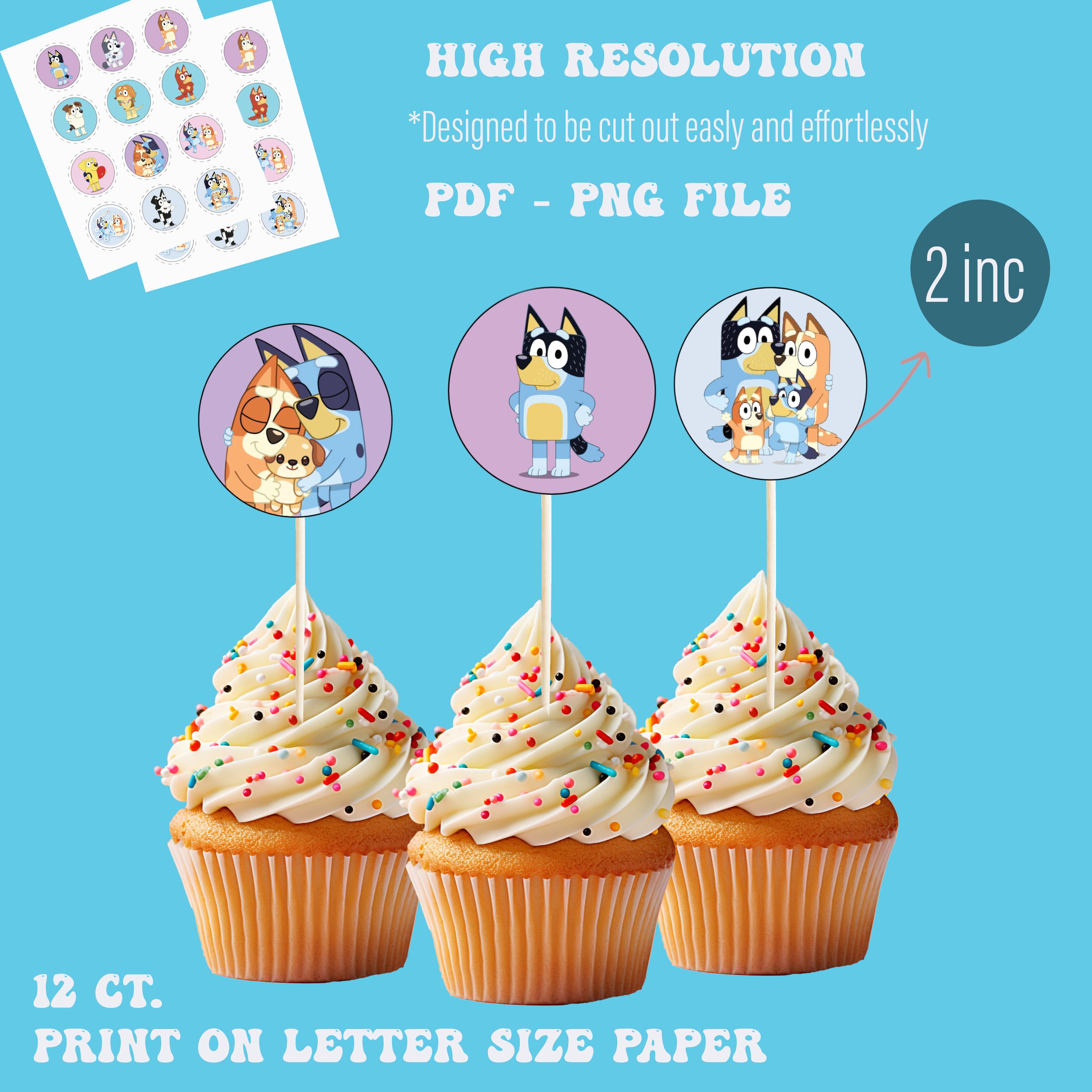 Bluey Cupcake Topper bluey Birthday Party Supplies Bluey Png Stickers