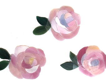 Set of 3 Pre-cut mosaic Pink Stained Glass Roses & Leaves set Handcut