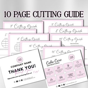 Puede incluir: Un conjunto de guías de corte de pasteles e instrucciones de cuidado en rosa y blanco. Las guías incluyen tamaños de 12,7 cm a 35,5 cm y presentan el texto "10 PAGE CUTTING GUIDE". También se incluye una tarjeta de agradecimiento con el logotipo de la empresa.