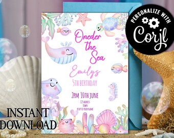 Editable cute mermaid digital invitation - girls under the sea party invitation