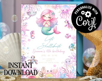 Editable cute mermaid digital invitation - girls under the sea party invitation