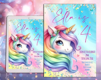 May include: A colorful invitation with a rainbow unicorn illustration. The text on the invitation reads "Ella is 4" and includes details for a birthday party.