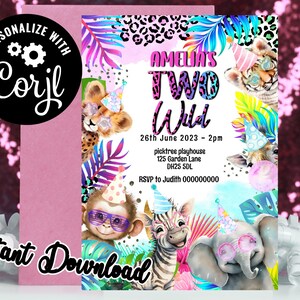 Invitation fêtards deux sauvages - Invitation de fête d'anniversaire numérique modifiable, fêtards - Two Wild