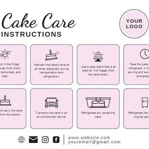 May include: Pink and white illustrated guide with instructions for cake care. The guide includes icons for storing, transporting, and serving a cake. The text includes phrases like "Keep it away from direct sunlight", "Maintain the cake's level", "Use a cake stand", "Take the cake first from the refrigerator", "Pick up and carry the cake box", "Transport the cake in an air-conditioned vehicle", "Refrigerate any remaining cake", and "Refrigerate the cake in its original package".