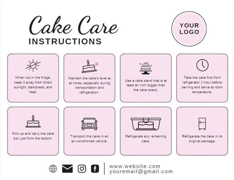 May include: Pink and white illustrated guide with instructions for cake care. The guide includes icons for storing, transporting, and serving a cake. The text includes phrases like "Keep it away from direct sunlight", "Maintain the cake's level", "Use a cake stand", "Take the cake first from the refrigerator", "Pick up and carry the cake box", "Transport the cake in an air-conditioned vehicle", "Refrigerate any remaining cake", and "Refrigerate the cake in its original package".