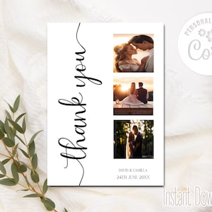 Modelo de cartão de agradecimento de casamento Camilla, cartão de agradecimento com foto de casamento, decoração de casamento, editável, para impressão, minimalista, download digital