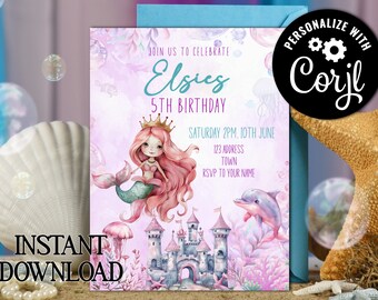 Editable cute mermaid tail digital invitation - girls under the sea party invitation