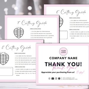 May include: Four pink cards with a white border and black text. The cards are cutting guides for 6, 7, and 8 inch cakes. The cards show a grid pattern for cutting the cake into equal portions. The cards also include instructions for cutting the cake and scoring the cake before cutting. The last card is a thank you card with the text "Thank You!" and "Appreciate your purchasing from us! Enjoy!" in black text. The card also includes a website address and social media icons.