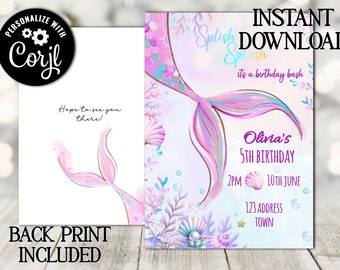 Editable mermaid tail digital invitation - girls under the sea party invitation