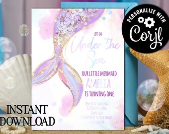 May include: A printable invitation for a mermaid-themed first birthday party. The invitation features a watercolor illustration of a mermaid tail with iridescent scales and gold glitter. The text on the invitation reads "Let's Go Under the Sea, Our Little Mermaid Amelia is Turning One".