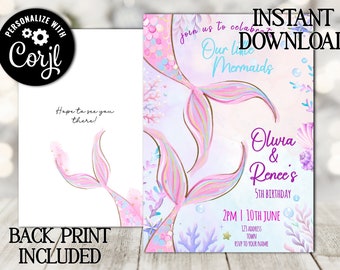 May include: Printable invitation for a mermaid-themed birthday party. The invitation features a pink and purple mermaid tail with a blue and white background. The text on the invitation reads "Join us to celebrate our little mermaids, Olivia & Renee's 5th Birthday, 2PM | 10th June, 123 Address, Town, RSVP to your name."