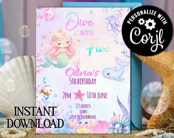 Editable cute mermaid digital invitation - girls under the sea party invitation