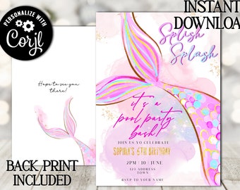 Editable mermaid tail digital invitation - girls under the sea party invitation