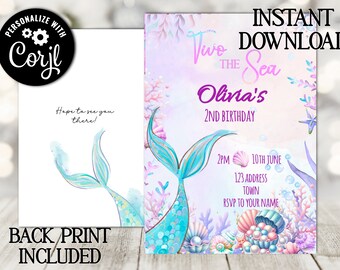 Editable mermaid tail digital invitation - girls under the sea party invitation