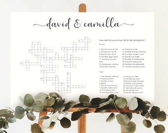 May include: A printable wedding crossword puzzle game with the names "David & Camilla" at the top. The crossword puzzle has clues about the bride and groom, such as their favorite food, eye color, and honeymoon location.