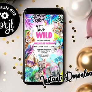 Faire-part pour téléphone portable fêtards - Numérique modifiable, fête d'anniversaire de deux fêtards sauvages