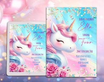 May include: A digital invitation with a unicorn illustration. The invitation is for a birthday party for a girl named Ella who is turning four. The invitation has a blue and pink background with glitter and a rainbow.