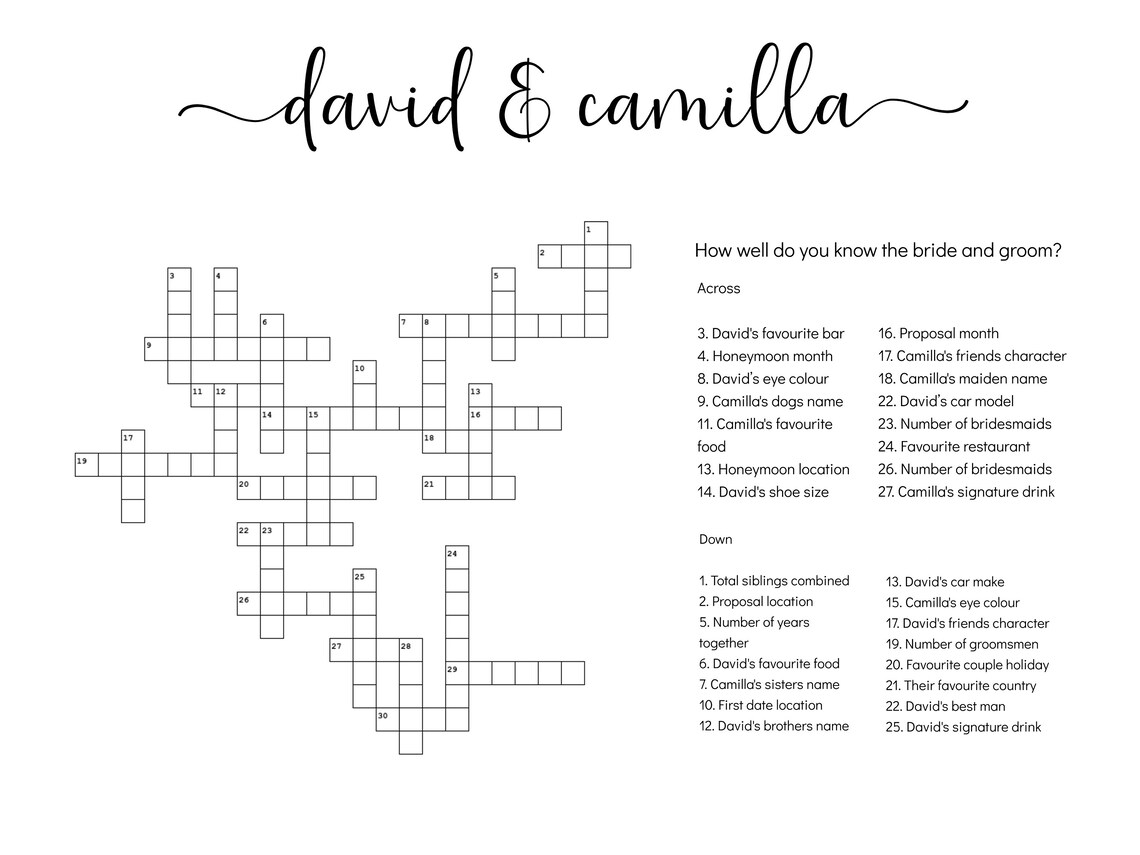The Camilla Style Custom Wedding Crossword Extra Large Puzzle, for ...