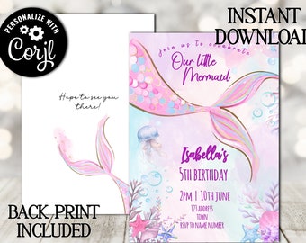 May include: Printable invitation for a little mermaid themed 5th birthday party. The invitation features a pink and purple mermaid tail with gold glitter accents and a watercolor background. The text on the invitation reads "Join us to celebrate our little mermaid, Isabella's 5th Birthday, 2PM | 10th June, 123 Address, Town, RSVP to Name Number."